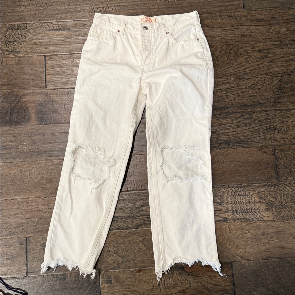 We The Free Cream Distressed Straight Leg Jeans